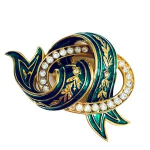 Joan Rivers Emerald Green Enamel Woven Ribbon Brooch Vintage Swarovski Clear CZ
